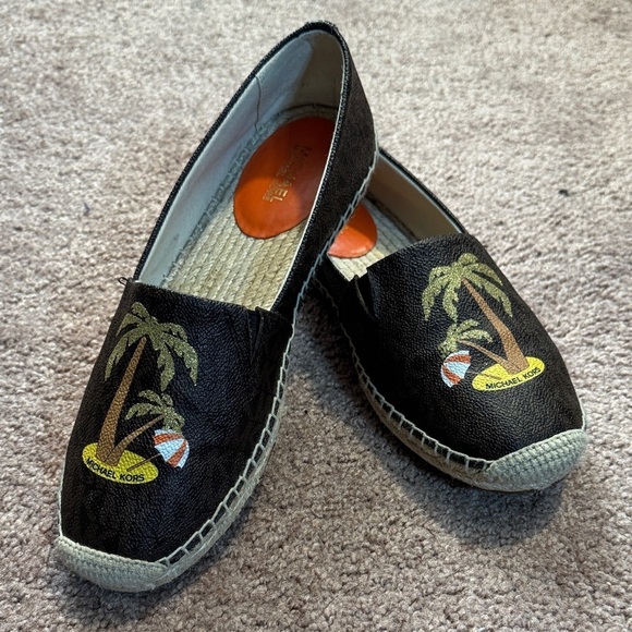 Michael Kors Shoes - NWOT Michael Kors Brown and Tan Logo Espadrilles w/Palm Design Perfect Condition
